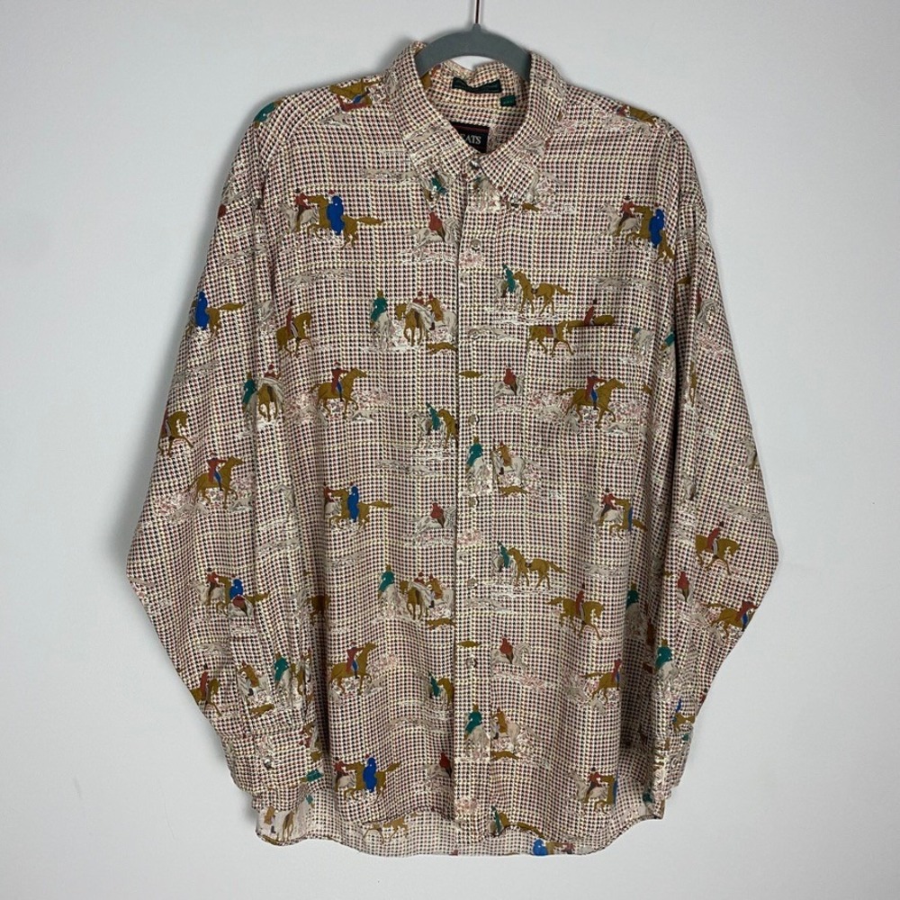 Vintage Pleats Dog Hunt Equestrian Shirt Mens XL Houndstooth Button Down Cotton